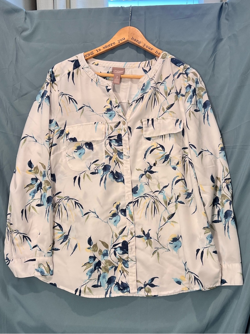 Chico's White Blouse with Blue & Green Floral Print
